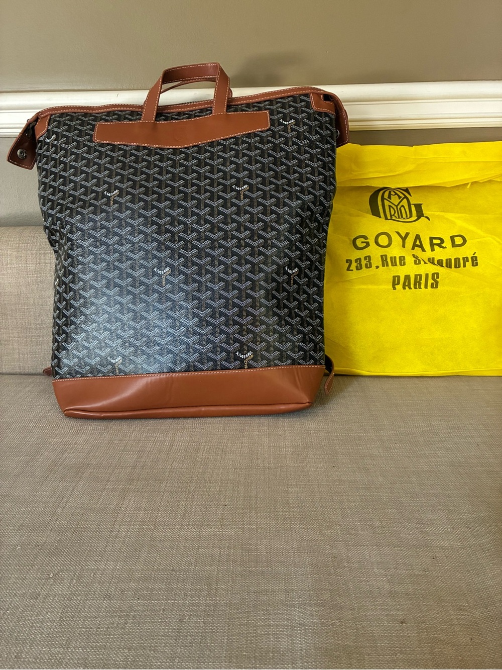 Black Patterned Canvas Laptop Tote with Brown Leather Trim